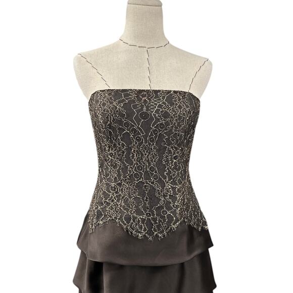 Rickie Freeman Teri Jon Grey Strapless Lace Bodice Tiered Evening Gown Size 4 - Picture 4 of 10